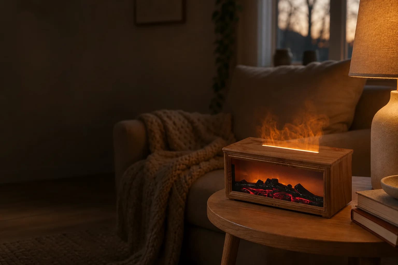 Lifestyle Emporium flame aroma diffuser glowing in a cosy living room